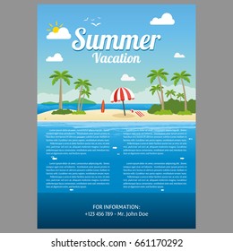 Vector Illustration of the sea island beach background with words Summer Vacation. Travel agency brochure design. Web site banner concept.