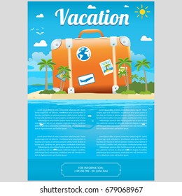 Vector Illustration of the sea island beach background with travel suitcase and word VACATION