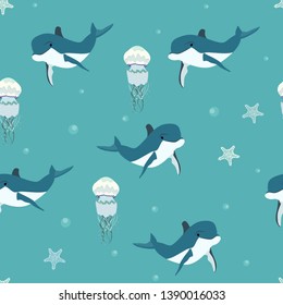 Vector illustration of sea jellyfish, dolphins. Marine seamless pattern. A beautiful colorful background for your design of postcards, textiles, wallpaper.