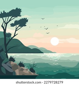 Vector illustration with sea landscape in flat style
