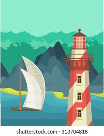 vector illustration sea landscape with a lighthouse in the foreground in a flat style