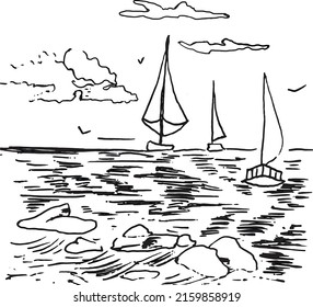 Vector illustration of a sea landscape with marine waves, yachts, floating clouds, calm weather, monochrome drawing, handmade, sea, ocean sketch. For interior design, notepad design, printing.