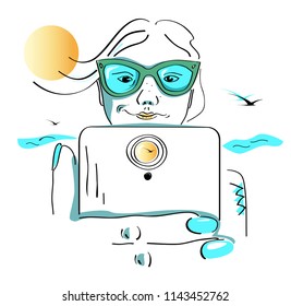Vector illustration of sea landscape in the summer. In the foreground a tanned girl on freelance in sunglasses with a phone on the beach takes a selfie with waves and seagulls.