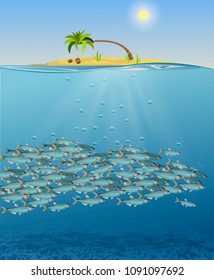 Vector Illustration of the sea landscape, the underwater world of fish. Image of an island with a palm tree and coconuts above the water. Cartoon underwater world with fish, plants, island.