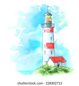 Vector illustration of sea landscape. Watercolor lighthouse