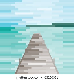vector illustration / sea landscape with wooden dock with turquoise water and blue sky in pixelated style