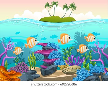 vector illustration of the sea life. beautiful undersea with coral and funny fish.
