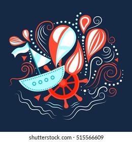 Vector illustration of sea life with boat, helm and waves. Underwater world. The journey by sea. Template for background, print, banner, logo, label, tag, fabric, packaging. Flat design.