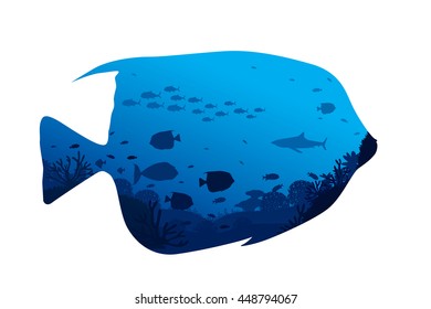 Vector illustration of sea life and coral on seabed background.