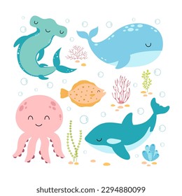 vector illustration with sea life elements, cartoon set of marine life objects for your design, flat poster with funny hammerhead, jellyfish, whale, orca and seaweed