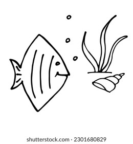 Ilustración vectorial de la vida marina. Está decorado con animales de peces de mar divertidos. Página de coloreado para niños