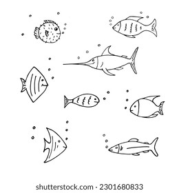 Vector illustration of Sea life. Set with doodle funny sea fish animals. Coloring page for kids