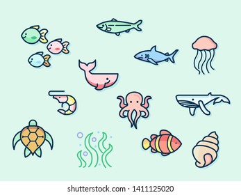 Vector illustration of a sea life and underwater elements. Contains such as Nautical Creatures, fish, seaweed, turtle, shark and more. flat illustration style line drawing and background color blue. 