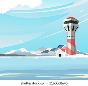 vector illustration, sea lighthouse in daytime panoramic