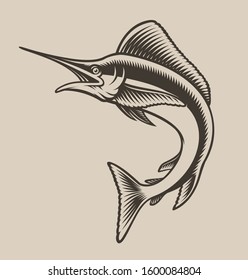 Vector illustration of sea marlin in the style of engraving on a white background.