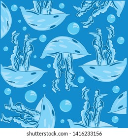 Vector illustration of the sea medusa on turn blue background a pattern