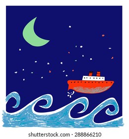 Vector illustration with sea , night sky and ship. 