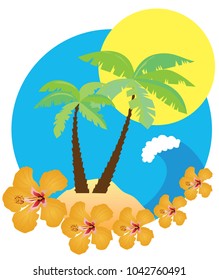 Vector illustration of sea ocean beach holiday vacation island palm flowers flat design.