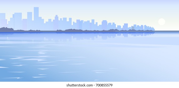 Vector illustration of sea or ocean on the cityscape background