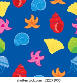 Vector illustration sea ocean seamless pattern of shells and jellyfish