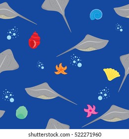 Vector illustration sea ocean seamless pattern stingray and shells