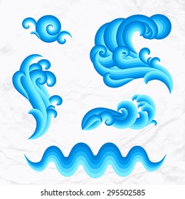 Vector illustration of sea and ocean waves isolated on white. Set of design elements for logos and icons in deep dark blue color. Various water splashes and drops. Concept of fresh, clean, purity