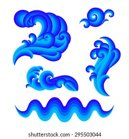 Vector illustration of sea and ocean waves isolated on white. Set of design elements for logos and icons in deep dark blue color. Various water splashes and drops. Concept of fresh, clean, purity