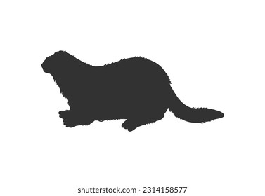 Vector illustration of sea otter, isolated on white background. Black silhouette, side view, profile of lying, seating marine mammal. Cartoon character for ocean wildlife concept.