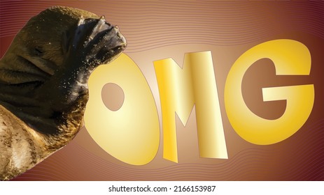 Vector illustration with sea otter. Otter on the left illustration. He covers his face with his paw. Next to the otter is the well-known abbreviation "OMG". Against the background of a gradient red co