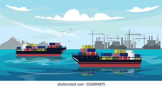 Vector illustration of sea port. Cartoon sea landscape with cargo ships with different containers, big cranes, seagulls.