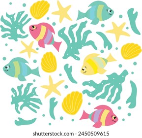 Vector illustration sea print ocean fish turtle seaweed color print cartoon style pattern for printing on fabric design elements