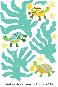 Vector illustration sea print ocean fish turtle seaweed color print cartoon style pattern for printing on fabric design elements