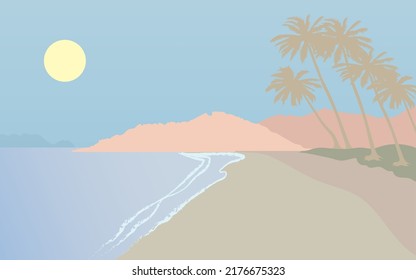 Vektorgrafik von Meer, Sandstrand und Bergen, Pastelltöne.