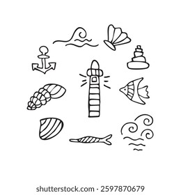 Vector illustration of the sea: shells, seaweed, waves, lighthouse, fish, anchor