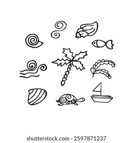 Vector illustration of the sea: shells, seaweed, palm trees, waves, fish, boat, turtle