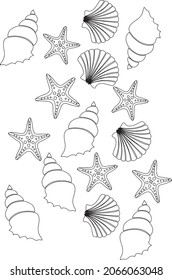 Ilustración vectorial de conchas marinas y peces estrella utilizados en tarjetas de engrasamiento y en papel textil.