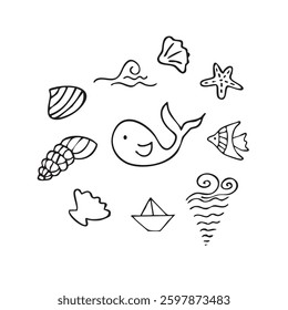 Vector illustration of the sea: shells, waves, fish, boat, starfish, whale