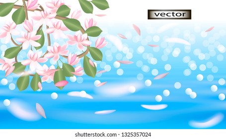 Vector illustration of the sea shiny ocean waves with Sakura flowers on the shore, seascape 3d drawing