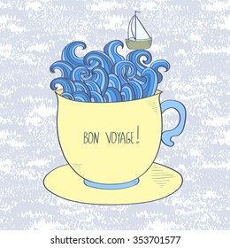 Vector illustration of sea and ship with Bon Voyage lettering - Happy journey. Tourism concept. 