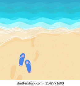 Vector illustration of the sea shore with flip flops and footprints in the sand