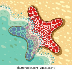 Vector illustration of sea star lying partially in the sea and partially on the sand.