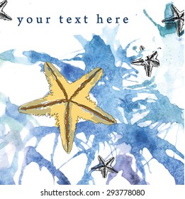 Vector Illustration of sea with starfish. Template for card. Watercolor design for texture