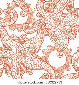 Vector illustration with sea stars. Abstract seamless pattern. May be used in textile, packing, decor. Seabed illustration. Exotic tropical design.