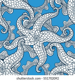 Vector illustration with sea stars. Abstract seamless pattern. May be used in textile, packing, decor. Seabed illustration. Exotic tropical design.