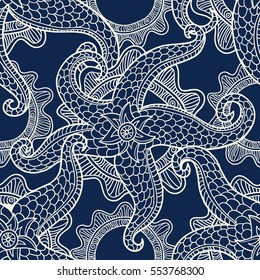 Vector illustration with sea stars. Abstract seamless pattern. May be used in textile, packing, decor. Seabed illustration. Exotic tropical design.