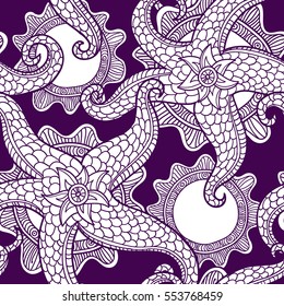 Vector illustration with sea stars. Abstract seamless pattern. May be used in textile, packing, decor. Seabed illustration. Exotic tropical design.