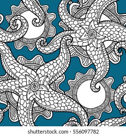 Vector illustration with sea stars. Abstract seamless pattern. May be used in textile, packing, decor. Seabed illustration. Exotic tropical design.