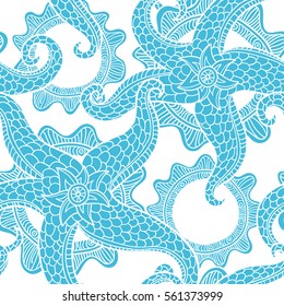 Vector illustration with sea stars. Abstract seamless pattern. May be used in textile, packing, decor. Seabed illustration. Exotic tropical design.