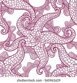 Vector illustration with sea stars. Abstract seamless pattern. May be used in textile, packing, decor. Seabed illustration. Exotic tropical design.