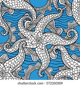 Vector illustration with sea stars. Abstract seamless pattern. May be used in textile, packing, decor. Seabed illustration. Exotic tropical design.